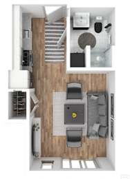 A top down view of a small apartment with a kitchen, living room, and bathroom.
