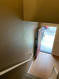 A room with a grey carpet and a red couch.