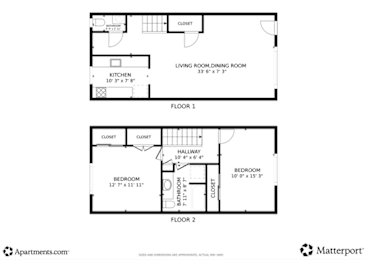 Floor Plan  A floor plan for an apartment with two bedrooms and two bathrooms.