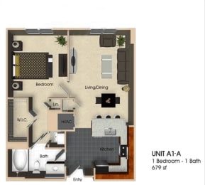 A1A floor plan one bedroom