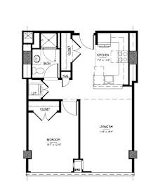 A floor plan of a small apartment with a living room, bedroom, and kitchen.