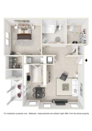 1 Bedroom Floor Plan A at Reserve at Park Place Apartment Homes, Hattiesburg, MS, 39402