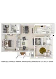 2 Bedroom 2 bathroom B Floor Plan at Reserve at Park Place Apartment Homes, Hattiesburg, MS, 39402