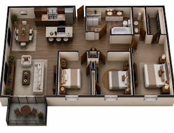A top-down view of a house interior with a kitchen, living room, dining area, and bedrooms.