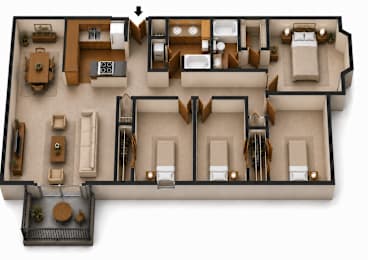 A 3D floor plan of a house with a garage.