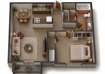 A top-down view of a well-furnished living space.