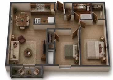 A 3D floor plan of a house showing a living room, kitchen, and two bedrooms.
