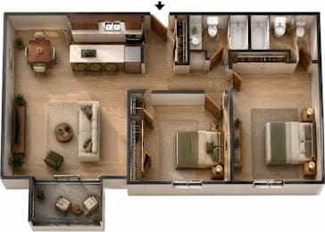 A top-down view of a house interior with a kitchen, living room, and bathrooms.