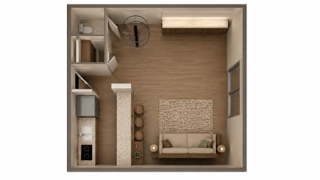 A top-down view of a living room with a couch, a television, and a coffee table.