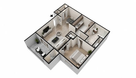 A 3D floor plan of a house with a kitchen, living room, and two bedrooms.