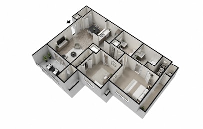 A 3D floor plan of a house with a kitchen, living room, and two bedrooms.