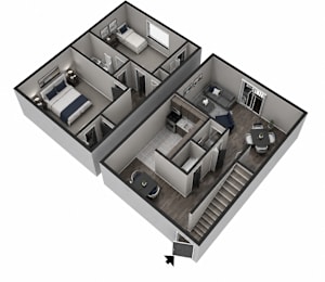 A 3D image of a house layout with two bedrooms, a living room, a kitchen, and a bathroom.