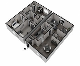 A 3D rendered image of a house layout.