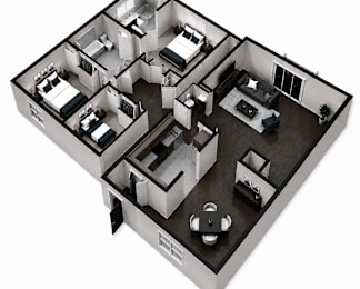 A 3D floor plan of a multi-bedroom apartment.