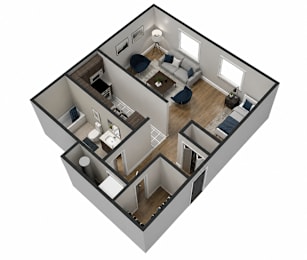 A 3D image of a house layout with a living room, kitchen, and two bedrooms.