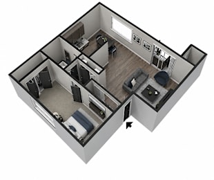 A 3D floor plan of a house with a kitchen, living room, and two bedrooms.