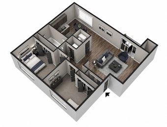 A 3D floor plan of a house with a kitchen, living room, and two bedrooms.