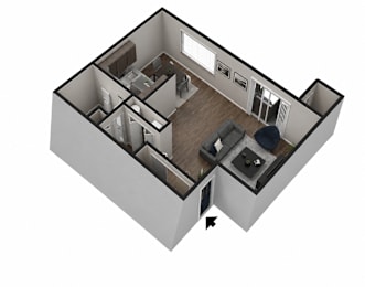 A 3D image of a house layout with a kitchen, living room, and bedrooms.