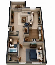 A top-down view of a small apartment with a bedroom, living room, kitchen, and bathroom.