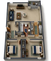 A top-down view of a small apartment with two bedrooms, a living room, a kitchen, and a bathroom.