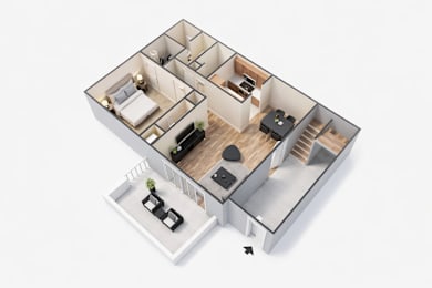 A 3D rendered image of a modern house layout.