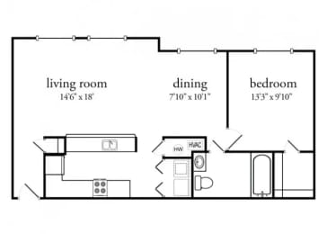 Floor Plan  1 bed 1 bath premium Floor Plan at Meadow View Apartments and Townhomes, Springboro, 45066