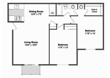 Floor Plan  2 Bed Room Floor Plan at Meadow View Apartments and Townhomes, Ohio, 45066