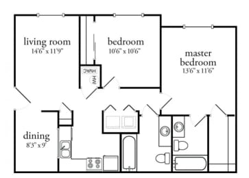 Floor Plan  2 bed 2 bath Floor Plan at Meadow View Apartments and Townhomes, Springboro, Ohio
