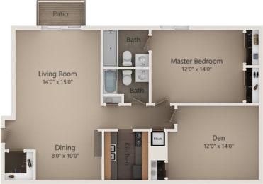 The Birch II 1 Bed | 2 Bath | 905 Sq. Ft.  at Camelot East Apartments, Fairfield, OH