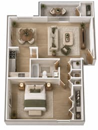 A top-down view of a well-organized apartment with a bedroom, living room, and kitchen.