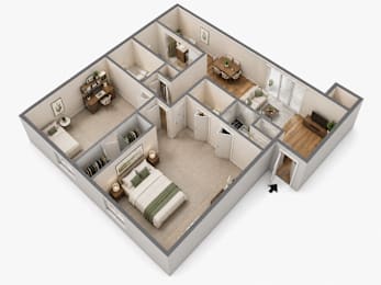 A 3D model of a house with a kitchen, living room, and bedrooms.