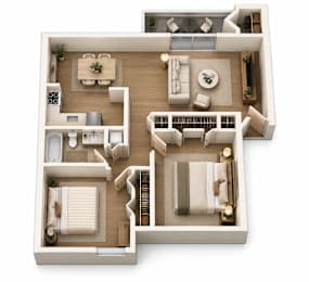 A detailed 3D floor plan of a modern apartment.
