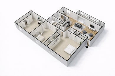 A 3D floor plan of a house with two bedrooms, a living room, a kitchen, and a bathroom.