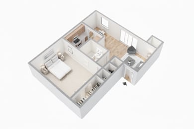 A 3D floor plan of a house with a kitchen, living room, and bedrooms.