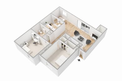 A 3D floor plan of a house with a kitchen, living room, and two bedrooms.