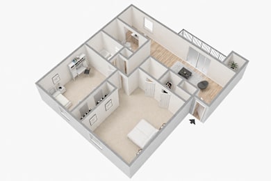 A 3D image of a house layout with a kitchen, living room, and bathroom.