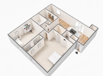 A 3D floor plan of a house with a kitchen, living room, and two bedrooms.