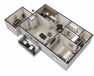 A 3D floor plan of a house with a kitchen, living room, and two bedrooms.