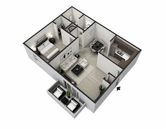 A 3D floor plan of a house with a kitchen, living room, and two bedrooms.