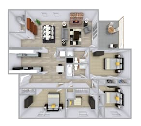 Floor Plan  3D floorplan of Manchester, 4 bed 2 bath, 1,674 sqft townhome at Olde Towne Apartments