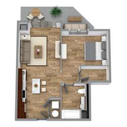 A top-down view of a living room with a couch, coffee table, and television.