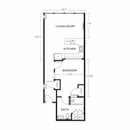 A drawing of a house floor plan with a living room, kitchen, bedroom and bathroom.
