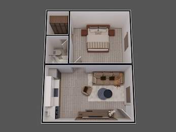 a 3d floor plan of a small apartment