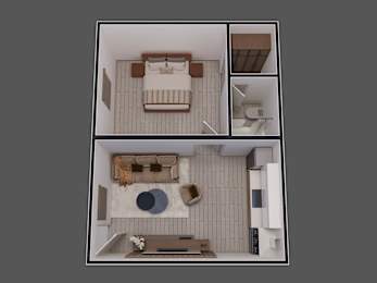 a 3d rendering of a bedroom with a bed and a living room
