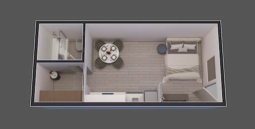 a top down view of a model of a bedroom and a living room