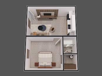 a 3d rendering of a bedroom and a living room