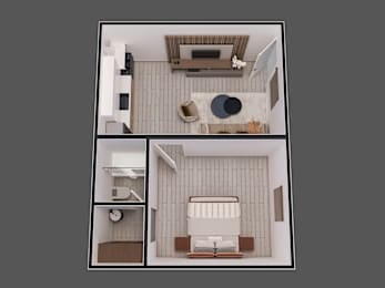 a 3d floor plan of a small apartment