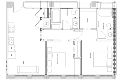 A floor plan of a house with labeled rooms and appliances.