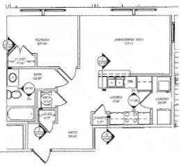 A floor plan of a building with labeled rooms and areas.
