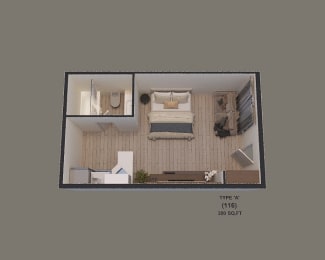 an overhead view of a small apartment with a bedroom and a living room